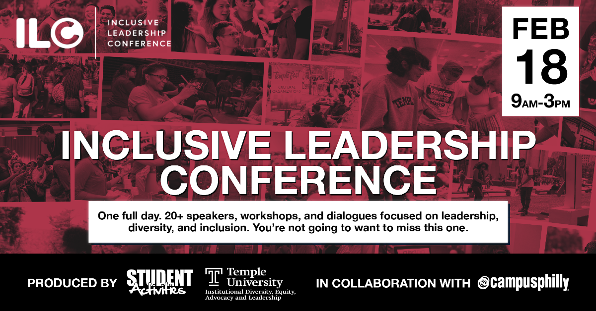 Inclusive Leadership Conference logo in the top corner. Red background with images of students at a conference